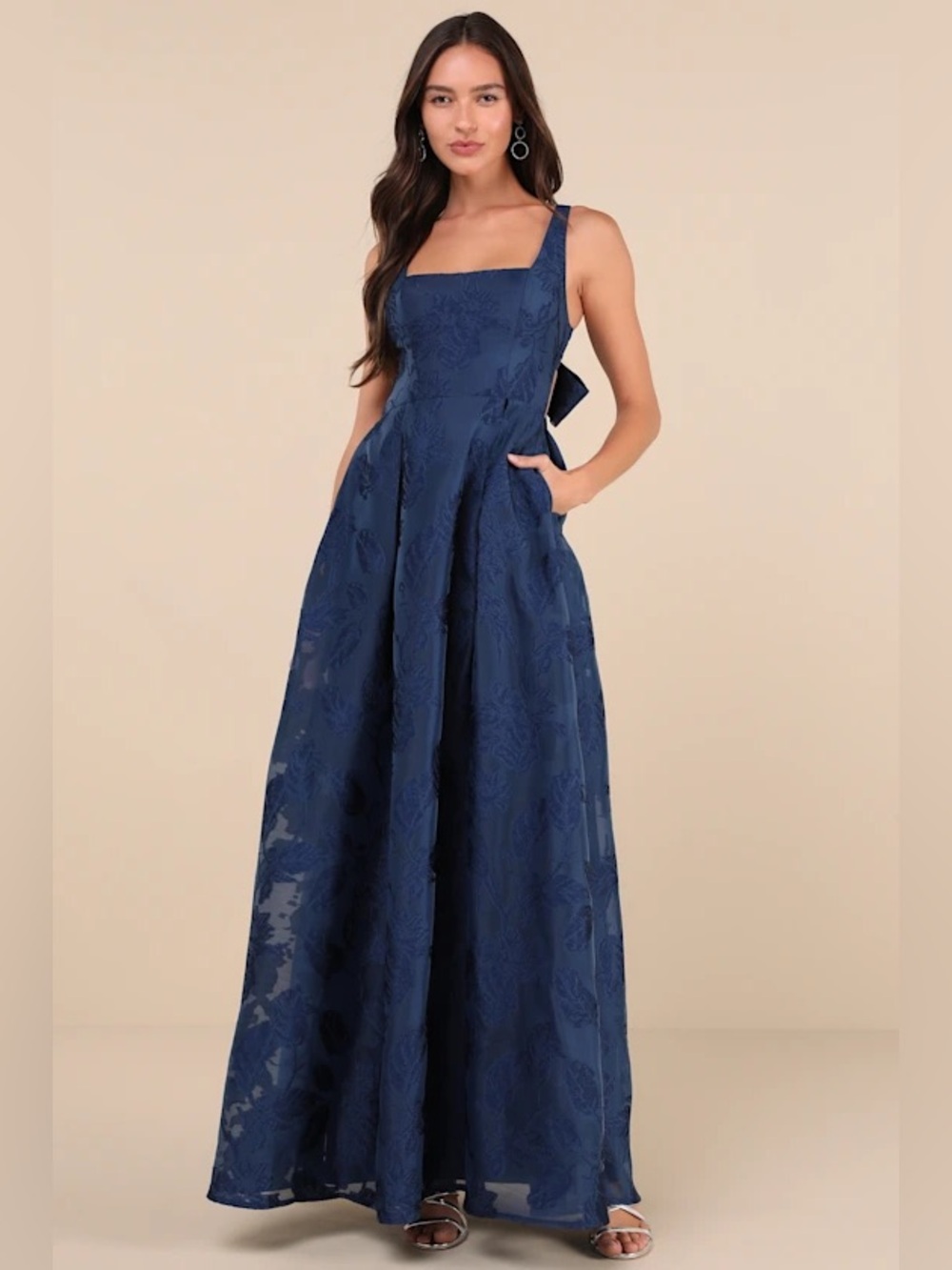Lulus Perfected Aura Jacquard Tie-Back Maxi Dress With Pockets Blue Navy XL - Picture 2 of 6